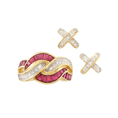 Lot 1275 - Gold, Ruby and Diamond Ring and Pair of Gold and Diamond Earrings
