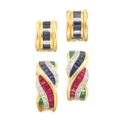 Lot 1333 - Two Pairs of Gold, Diamond and Gem-Set Earrings