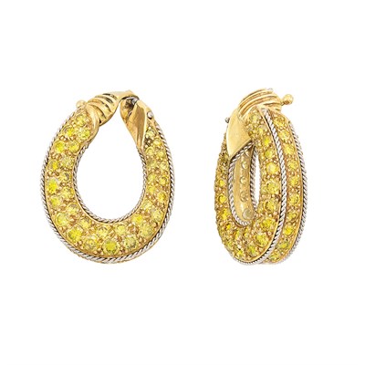 Lot 165 - Pair of Gold, Platinum and Fancy Colored Yellow Diamond Hoop Earclips