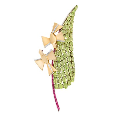 Lot 65 - Two-Color Gold, Platinum, Peridot, Ruby and Diamond Brooch