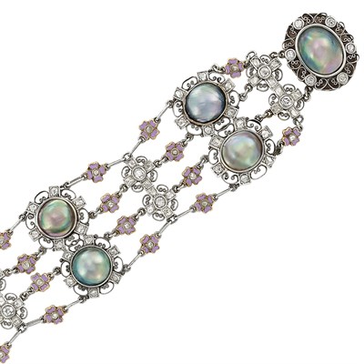 Lot 39 - Four Strand Silver, Rose Gold, Blister Pearl, Diamond and Enamel Bracelet