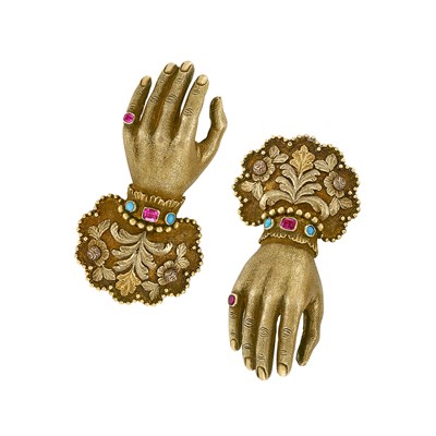 Lot 33 - Pair of Antique Gold, Ruby and Turquoise Hand Pins