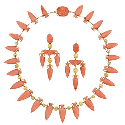 Lot 36 - Egyptian Revival Gold and Carved Coral Fringe Necklace and Pair of Pendant-Earrings