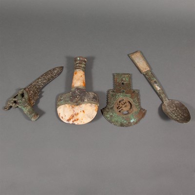Lot 420 - Group of Four Chinese Jade Inlaid Bronze...
