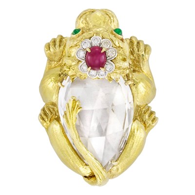 Lot 175 - Gold, Platinum, Rock Crystal, Cabochon Ruby and Diamond Animal Clip-Brooch, David Webb