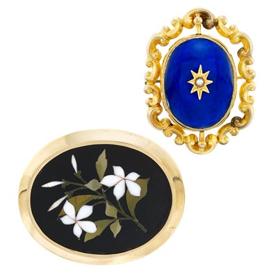 Lot 1295 - Gold and Pietra Dura Brooch and Low Karat, Gold, Enamel and Split Pearl Pendant-Brooch