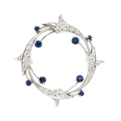 Lot 1074 - White Gold, Diamond and Sapphire Wreath Brooch