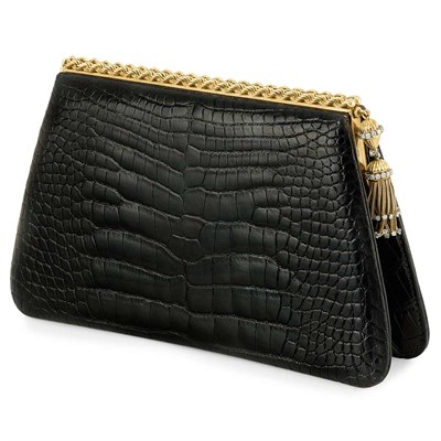 Lot 299 - Black Alligator, Gold, Platinum and Diamond Fringe Clutch