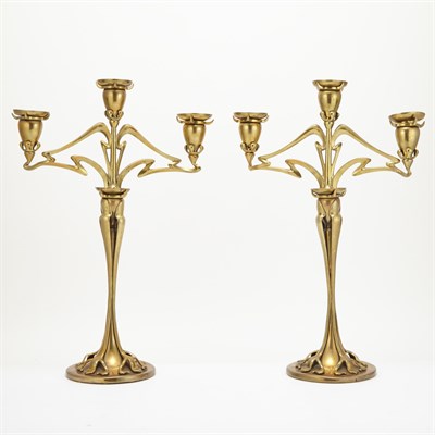 Lot 570 - Pair of Art Nouveau Brass Three-Light...