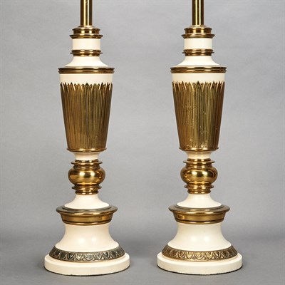 Lot 420 - Pair of White and Gold Painted Metal Lamps...