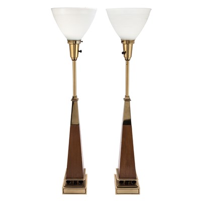 Lot 256 - Pair of Tommi Parzinger Walnut and Brass Lamps...