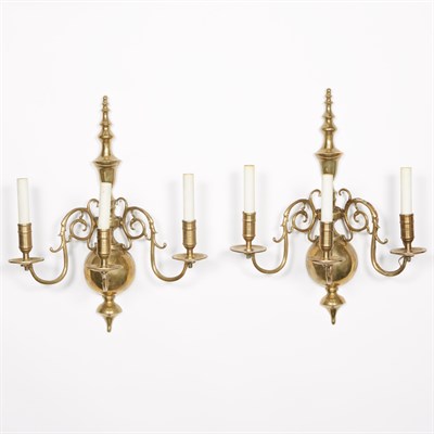 Lot 390 - Pair of Dutch Baroque Style Brass Three-Light...