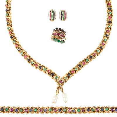 Lot 1272 - Gold and Gem-Set Necklace, Bracelet, Ring and Pair of Earrings