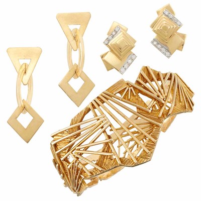 Lot 1256 - Gold Bangle Bracelet and Pair of Earrings and Pair of Gold and Diamond Earrings
