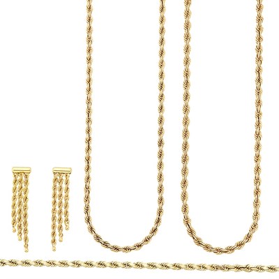 Lot 1283 - Two Gold Rope Chain Necklaces, Bracelet and Pair of Earrings