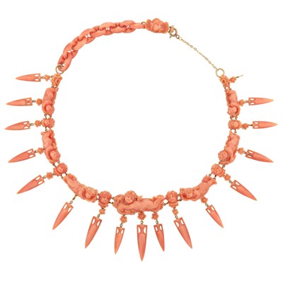 Lot 27 - Antique Gold, Carved Coral and Coral Fringe Necklace