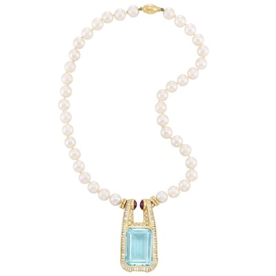 Lot 169 - Cultured Pearl, Gold, Aquamarine, Diamond and Cabochon Ruby Pendant-Necklace
