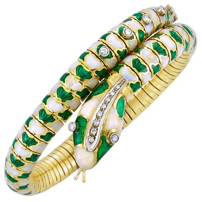 Lot 419 - Gold, Enamel and Diamond Snake Bracelet
