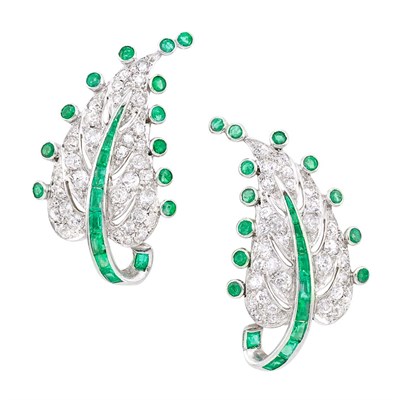Lot 138 - Pair of Platinum, Diamond and Emerald Leaf Earrings