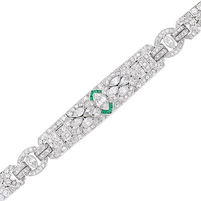 Lot 127 - Platinum, Diamond and Emerald Bracelet