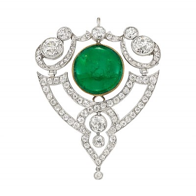 Lot 112 - Platinum, Gold, Diamond and Cabochon Emerald Pendant-Brooch