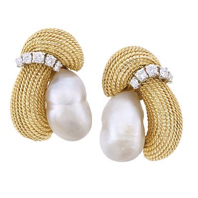Lot 232 - Pair of Gold, Platinum, Semi-Baroque Cultured Pearl and Diamond Earclips, David Webb