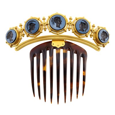 Lot 66 - Archaeological Revival Gold, Black Onyx Intaglio and Tortoise Shell Hair Comb, Ernesto Pierret
