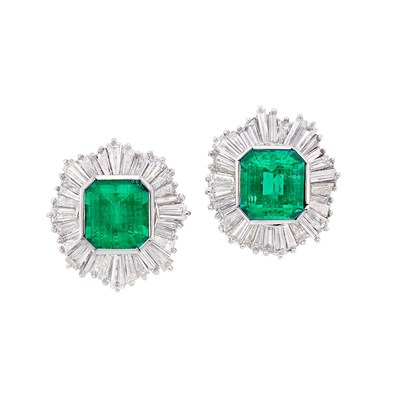 Lot 486 - Pair of White Gold, Emerald and Diamond Earrings