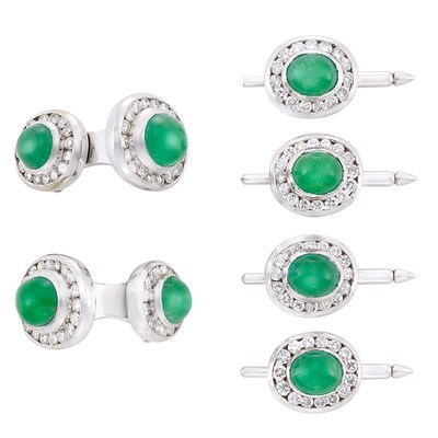 Lot 93 - White Gold, Cabochon Emerald and Diamond Dress Set