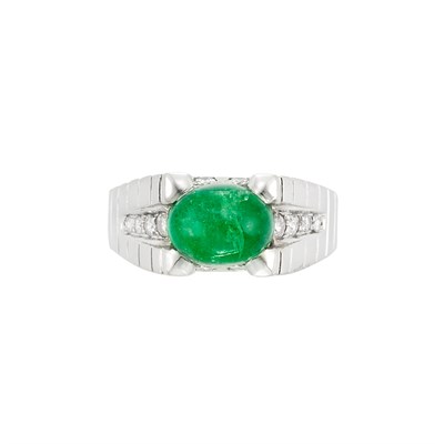 Lot 1079 - Platinum, Cabochon Emerald and Diamond Ring