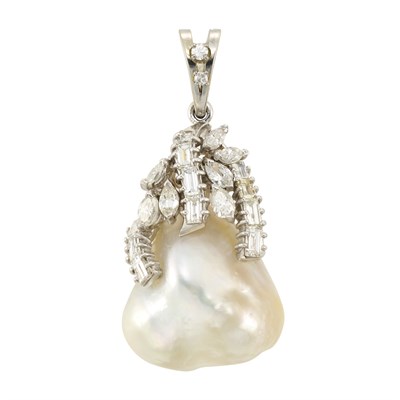 Lot 1076 - White Gold, Baroque Cultured Pearl and Diamond Pendant