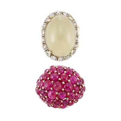 Lot 1091 - Gold and Cabochon Ruby Ring and Gold, Cabochon Chalcedony and Diamond Ring
