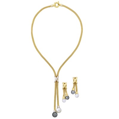 Lot 3358 - Gold and White and Gray Cultured Pearl Lariat Necklace and Pair of Earrings