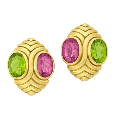 Lot 375 - Pair of Gold, Pink Tourmaline and Peridot Earclips, Bulgari