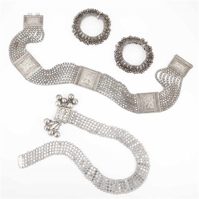Lot 224 - Two Silver and Metal Ethnic Belts and Pair of Ankle Bracelets