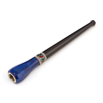 Lot 221 - Black Onyx, Lapis, Diamond and Red, Green and Black Enamel Cigarette Holder
