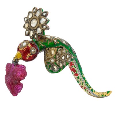 Lot 31 - Antique Indian Gold, Enamel, Jaipur Enamel, Foil-Backed Diamond and Carved Ruby Turban Ornament