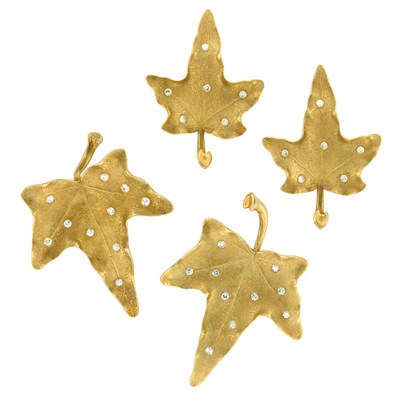Lot 394 - Pair of Gold and Diamond Leaf Earclips and Pair of Clip-Brooches, Cartier