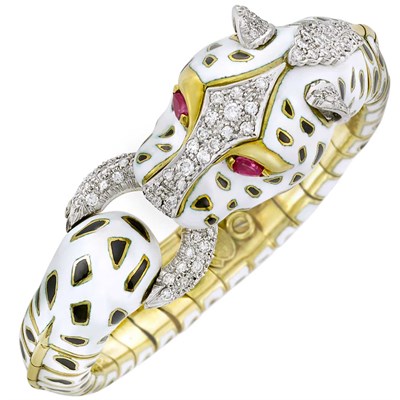 Lot 382 - Two-Color Gold, Enamel, Diamond and Ruby Leopard Bangle Bracelet, Frascarolo