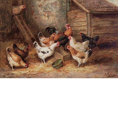 Lot 28 - August Laux American, 1847-1921 Chickens in a...