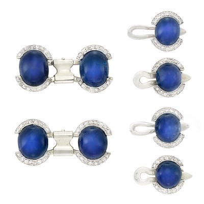Lot 99 - Platinum, White Gold, Cabochon Sapphire and Diamond Dress Set