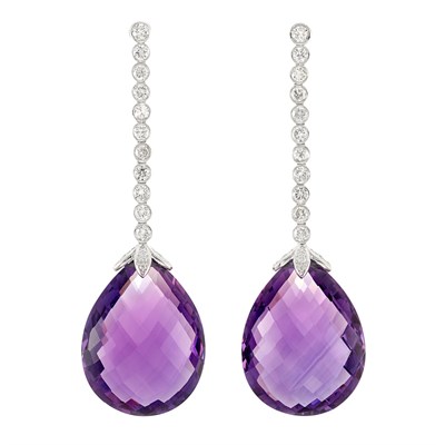 Lot 1139 - Pair of Platinum, Diamond and Amethyst Briolette Earrings