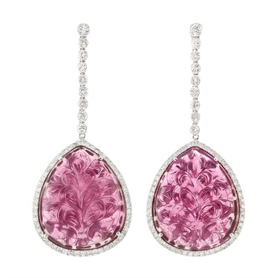 Lot 1137 - Pair of Platinum, Carved Pink Tourmaline and Diamond Earrings