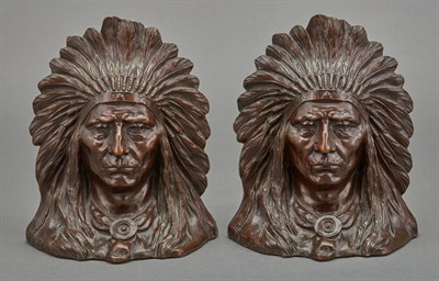 Lot 322 - Pair of Bronze Indian Chief Head Bookends Cast...