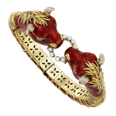 Lot 433 - Gold, Enamel, Diamond and Emerald Animal Head Bangle Bracelet, Frascarolo