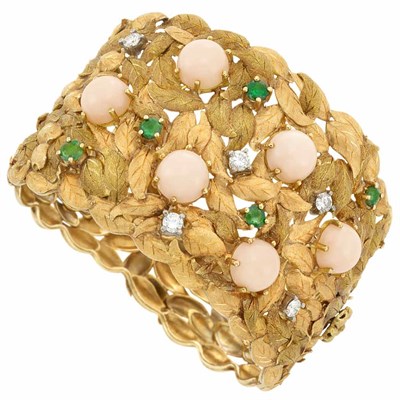 Lot 231 - Two-Color Gold, Angel Skin Coral, Diamond and Emerald Cuff Bangle Bracelet
