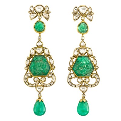 Lot 3104 - Pair of Indian Gold, Carved Emerald, Foiled-Back Diamond and White Enamel Pendant-Earrings