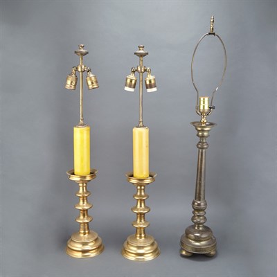 Lot 201 - Pair of Brass Pricket Sticks Each mounted as a...
