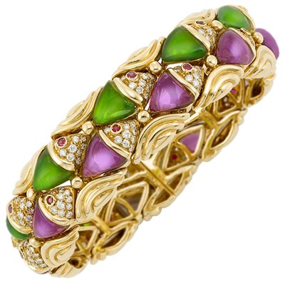 Lot 3198 - Gold, Diamond, Ruby, Purple and Green Stone Bangle Bracelet
