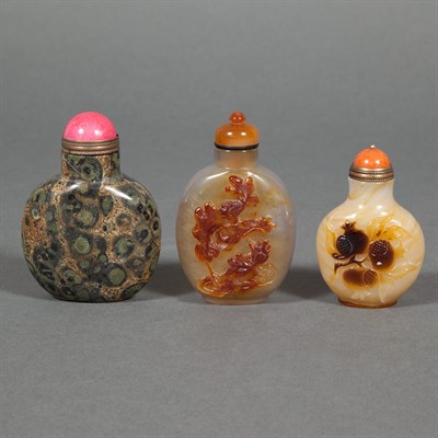 Lot 592 - Group of Three Chinese Hardstone Snuff Bottles...